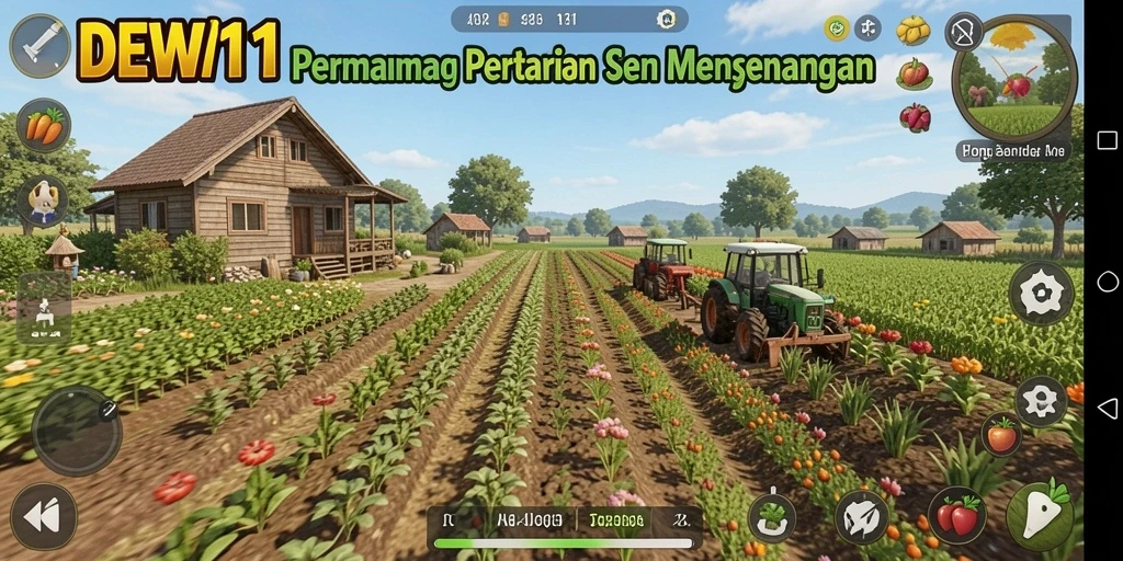Tampilan gameplay DEWI11 yang menarik dengan suasana pertanian.