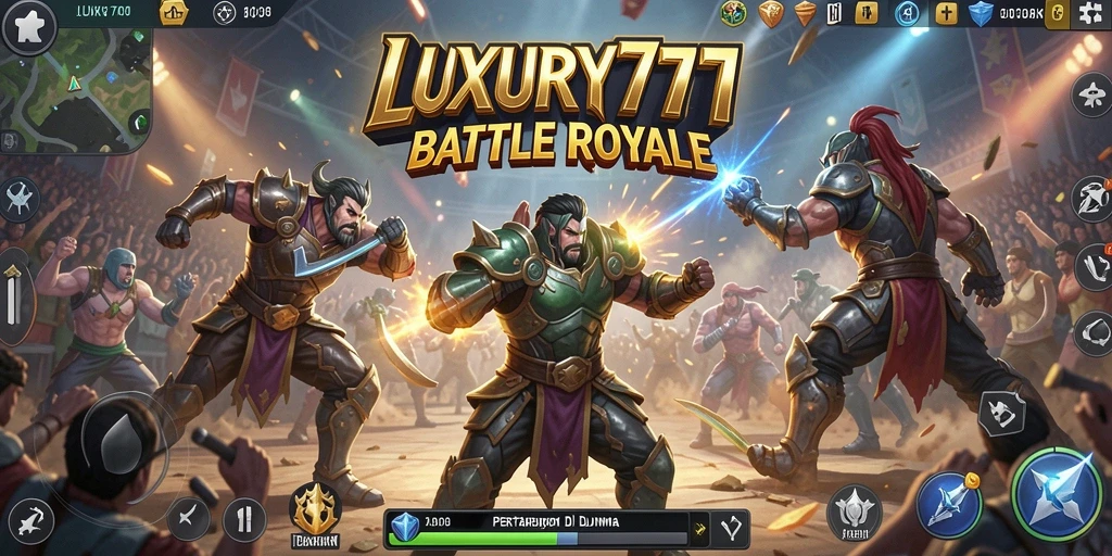 Screenshot gameplay LUXURY777 menampilkan aksi seru dalam pertempuran Battle Royale.