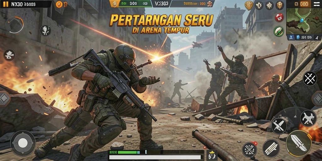 Tampilan gameplay NX303 dengan karakter beraksi di arena pertarungan.