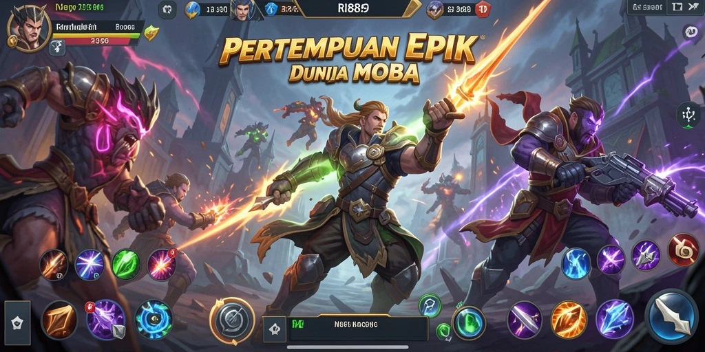 Screenshot utama RI889 menunjukkan pertempuran intens dalam gaya MOBA.