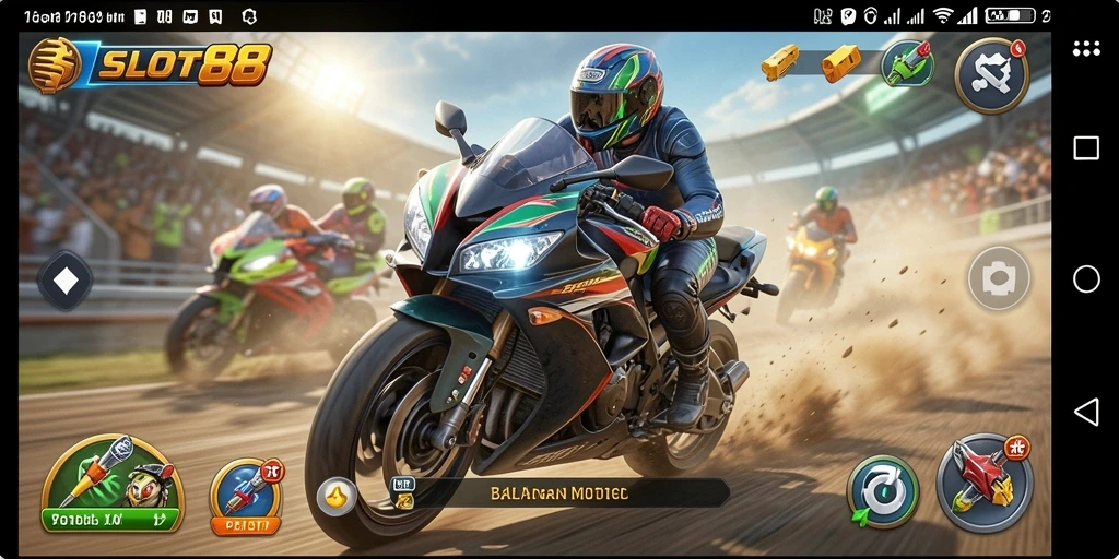 Screenshot permainan SLOT88 menampilkan aksi balapan motor yang seru.